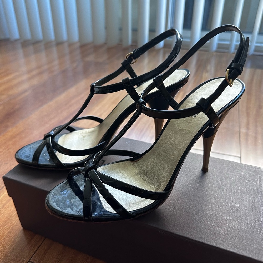 Miu Miu Black Patent Leather T-Strap Stiletto Sandals